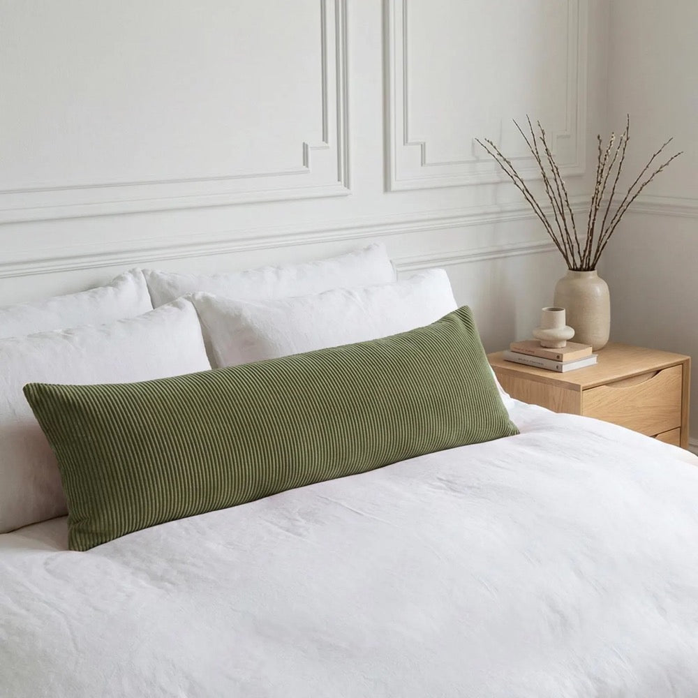 Olive Green Corduroy Oversized Bed Pillow Cover, Long Body Lumbar Cushion Case, Bedroom Decor